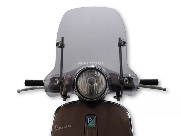 Screen -MALOSSI- 510x420mm, Sport Screen, smoke grey- Vespa Primavera 50-150, Elettrica - incl. mounting material