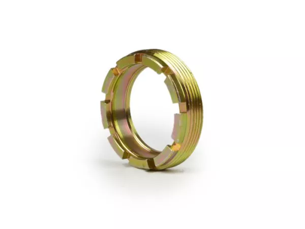 Securing castle nut for rear stroke bearing-VESPA Øinner=37mm, Øouter=49mm, slots=9- Vespa VNA1T, VNA2T, VNB1T, VNB2T, VNB3T, VNB4T, VNB6T, VBA1T, VBA2T, VBB1T, VBB2T,  GL (VLA1T), GT (VNL1T), Sprint (VNL2T 30001-76107), GTR (VNL2T -118278), Sprint (VLB1T