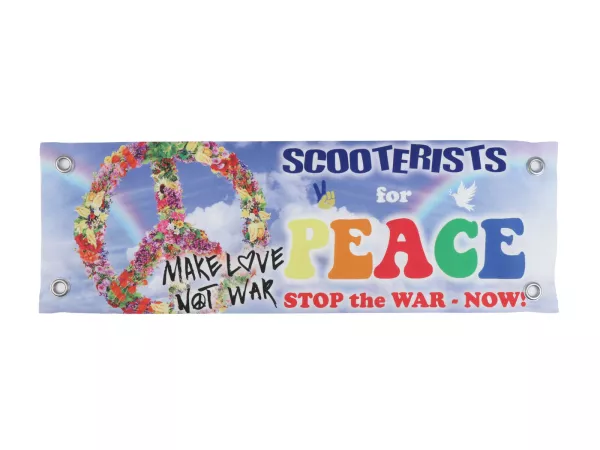 Leg shield banner Scooterists For Peace -UKRAINE- Make Love Not War - 60 x 20 cm