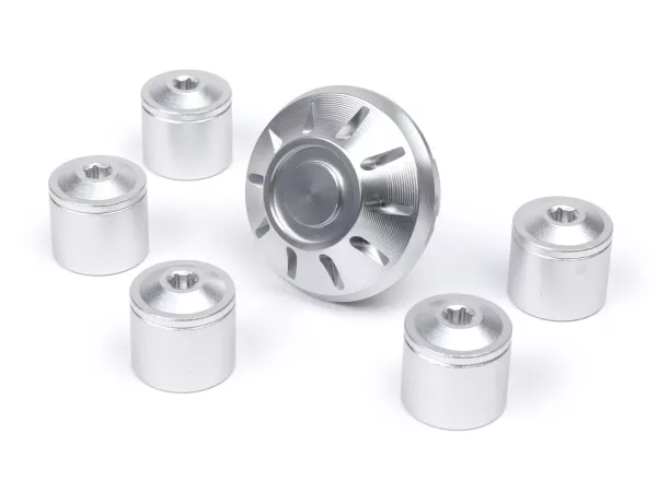 Caps- Set wheel nut / rim Ø=35mm -MOTO NOSTRA, CNC, silver- Vespa ET2, ET4, GT, GTL, GTS, GTV, LX, LXV, S, Gilera Fuoco, Piaggio Fly, Hexagon, Liberty, MP3, Sfera RST, Zip FR, Zip II, Zip SP
