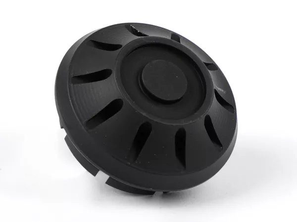 Afdekkap wielmoer / velg Ø=35mm -MOTO NOSTRA, CNC, mat zwart- Vespa PX (-1984 - achter), Rally, Sprint, TS, GT, GTR, GS160, SS180, V50 Special (V5B vanaf 1972), V50N, SS50-90, PV125, ET3, Vespa ET2, ET4, GT, GTL, GTS, GTV, LX, LXV, S, Gilera Fuoc