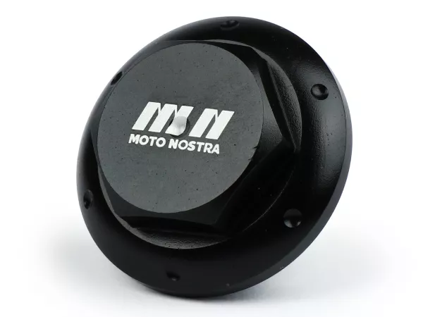Bouchon huile -MOTO NOSTRA, CNC, noir brillant- tous les modèles Piaggio Leader 125-200cc, LEM 125-150cc, HE 125-150cc, IGET 125-150cc, Quasar/HPE 250-310cc, Master 400-500cc