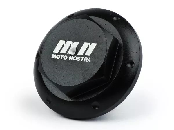 Bouchon huile -MOTO NOSTRA, CNC, noir mat- tous les modèles Piaggio Leader 125-200cc, LEM 125-150cc, HE 125-150cc, IGET 125-150cc, Quasar/HPE 250-310cc, Master 400-500cc