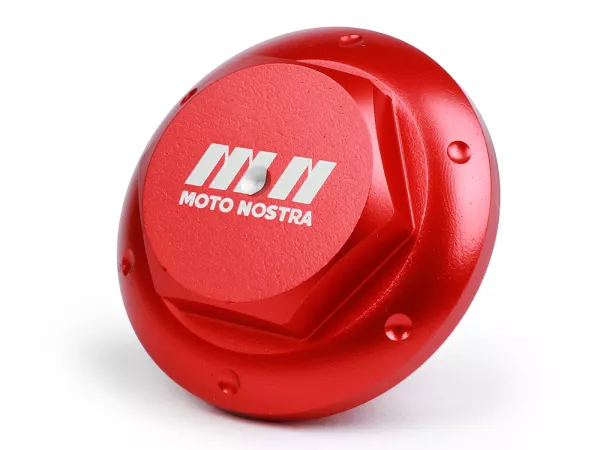 Bouchon huile -MOTO NOSTRA, CNC, rouge- tous les modèles Piaggio Leader 125-200cc, LEM 125-150cc, HE 125-150cc, IGET 125-150cc, Quasar/HPE 250-310cc, Master 400-500cc