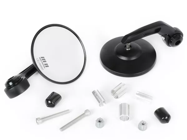 Spiegelset -MOTO NOSTRA 1400- stuuruiteinden- aluminium- Ø=95mm- mat zwart geanodiseerd- E-markering