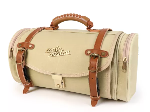 Roll bag (small) for carrier (alternative to topcase) -MOTO NOSTRA Classic 'waxed canvas' 330x190x180mm- suitable for e.g. Vespa, Lambretta, GTS 125-300, GTV, LX/LXV, ET4, S50-150, Sprint, Primavera - 10 litres - beige