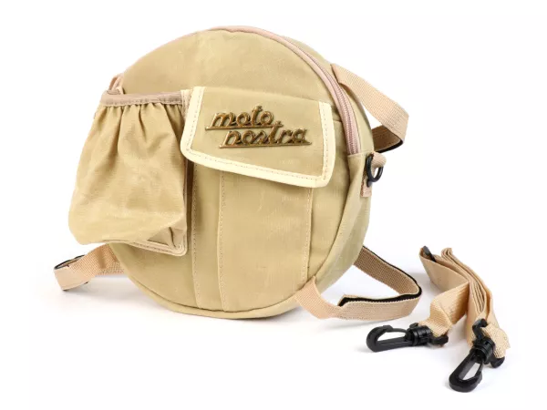 Bolsa redonda (Ø23cm) para rueda de repuesto de 10 pulgadas / bolsa bandolera (incl. portavasos) -MOTO NOSTRA Classic 'lona encerada'- adecuada para, por ejemplo, Vespa, Lambretta - beige