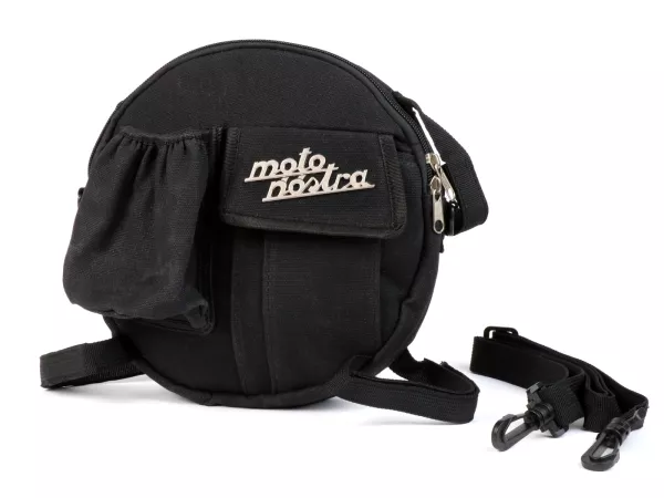 Bolsa redonda (Ø23cm) para rueda de repuesto de 10 pulgadas / bolsa bandolera (incl. portavasos) -MOTO NOSTRA Classic 'lona encerada'- adecuada para, por ejemplo, Vespa, Lambretta - negro