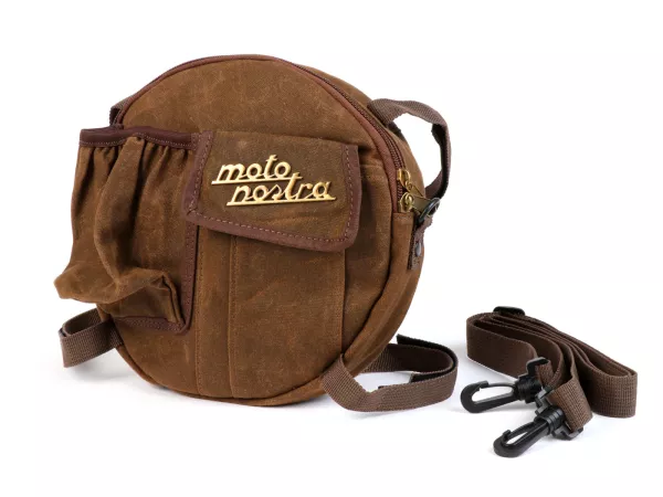 Bolsa redonda (Ø23cm) para rueda de repuesto de 10 pulgadas / bolsa bandolera (incl. portavasos) -MOTO NOSTRA Classic 'lona encerada'- adecuada para, por ejemplo, Vespa, Lambretta - marrón
