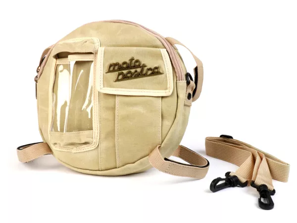 Bolsa redonda (Ø23cm) para rueda de repuesto de 10 pulgadas / bolsa bandolera (incl. bolsa para teléfono móvil (hasta 6,2 pulgadas, p. ej. iPhone 11)) -MOTO NOSTRA Classic 'lona encerada'- adecuada para p. ej. Vespa, Lambretta - beige