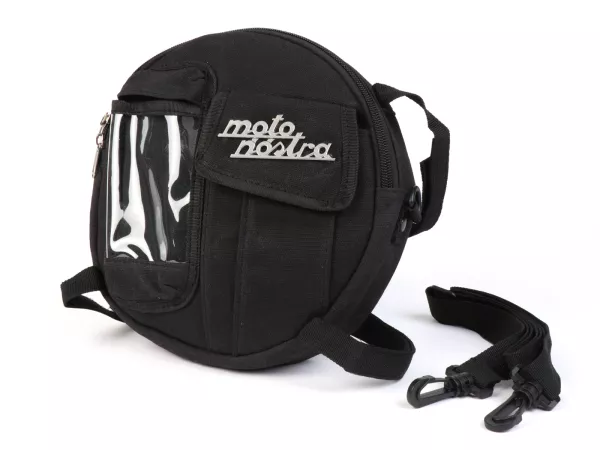 Bolsa redonda (Ø23cm) para rueda de repuesto de 10 pulgadas / bolsa bandolera (incl. bolsa para teléfono móvil (hasta 6,2 pulgadas, p. ej. iPhone 11)) -MOTO NOSTRA Classic 'lona encerada'- adecuada para p. ej. Vespa, Lambretta - negro