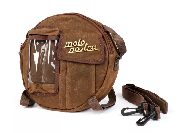 Bolsa redonda (Ø23cm) para rueda de repuesto de 10 pulgadas / bolsa bandolera (incl. bolsa para teléfono móvil (hasta 6,2 pulgadas, p. ej. iPhone 11)) -MOTO NOSTRA Classic 'lona encerada'- adecuada para p. ej. Vespa, Lambretta - marrón