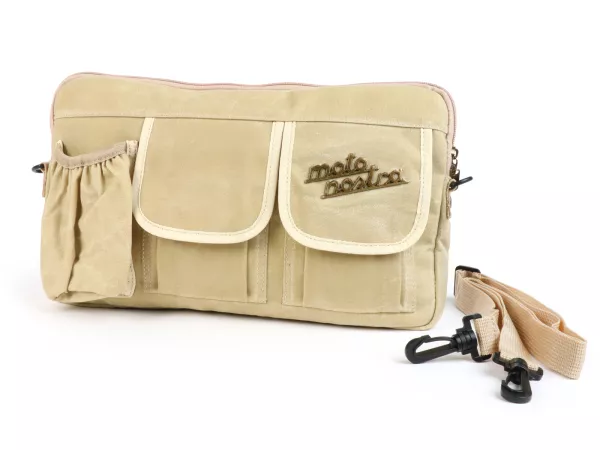 Tas voor bagageklep / schoudertas (incl. bekerhouder) -MOTO NOSTRA Classic 'gewaxt canvas'- geschikt voor o.a. Vespa, Lambretta, GTV, GTS, HPE, Supertech, Touring - beige