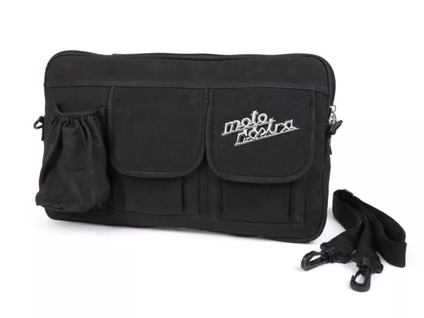 Bolsa para maletero solapa / bandolera (incl. portavasos) -MOTO NOSTRA Classic 'lona encerada'- adecuada para p. ej. Vespa, Lambretta, GTV, GTS, HPE, Supertech, Touring - negro