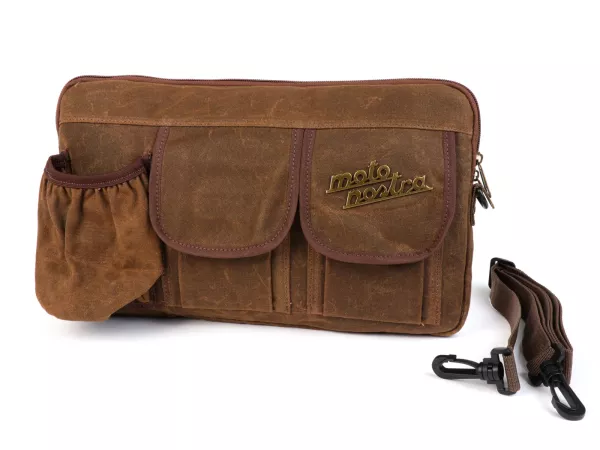 Tas voor bagageklep / schoudertas (incl. bekerhouder) -MOTO NOSTRA Classic 'gewaxt canvas'- geschikt voor o.a. Vespa, Lambretta, GTV, GTS, HPE, Supertech, Touring - bruin