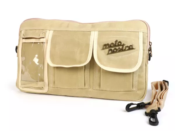 Bolsa para maletero solapa / bandolera (incl. funda para móvil (hasta 6,2 pulgadas, p. ej. iPhone 11)) -MOTO NOSTRA Classic 'lona encerada'- adecuada para p. ej. Vespa, Lambretta, GTV, GTS, HPE, Supertech, Touring - beige