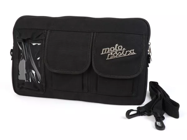 Bolsa para maletero solapa / bandolera (incl. funda para móvil (hasta 6,2 pulgadas, p. ej. iPhone 11)) -MOTO NOSTRA Classic 'lona encerada'- adecuada para p. ej. Vespa, Lambretta, GTV, GTS, HPE, Supertech, Touring - negro