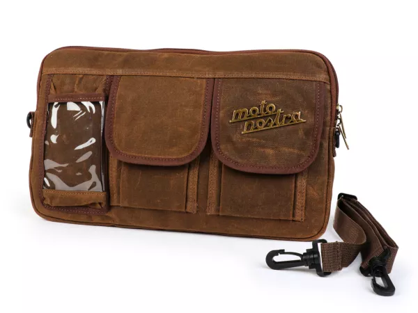 Bolsa para maletero solapa / bandolera (incl. funda para móvil (hasta 6,2 pulgadas, p. ej. iPhone 11)) -MOTO NOSTRA Classic 'lona encerada'- adecuada para p. ej. Vespa, Lambretta, GTV, GTS, HPE, Supertech, Touring - marrón