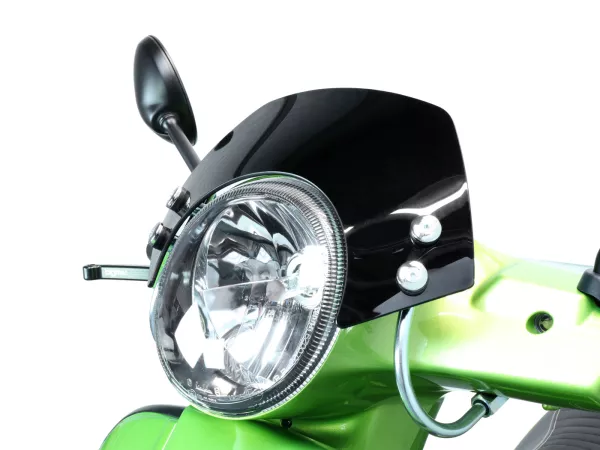 Flyscreen with chromed brackets -MOTO NOSTRA, w=300mm, h=105mm- Vespa GT, GTL, GTS, GTS Super 125-300cc (-2018) - black