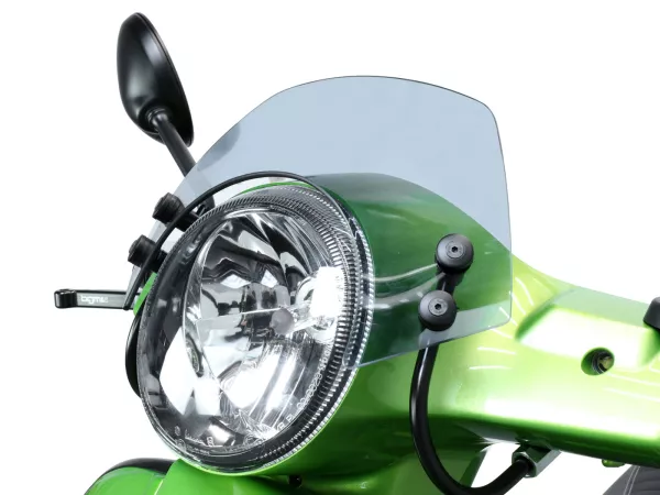 Flyscreen with black brackets -MOTO NOSTRA, w=300mm, h=105mm- Vespa GT, GTL, GTS, GTS Super 125-300cc (-2018) - smoke grey