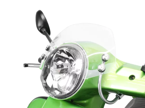 Voorruit met verchroomde beugels -MOTO NOSTRA, b=300mm, h=105mm- Vespa GT, GTL, GTS, GTS Super 125-300cc (-2018) - transparant glas