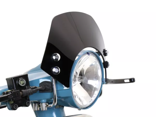 Flyscreen with chromed brackets -MOTO NOSTRA, w=300mm, h=105mm- Vespa PX80, PX125, PX150, PX200, LML 125/150 Star/Stella - black