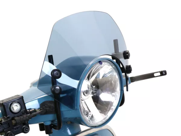 Windscherm met zwarte beugels -MOTO NOSTRA, b=300mm, h=105mm- Vespa PX80, PX125, PX150, PX200, LML 125/150 Star/Stella - grijs getint