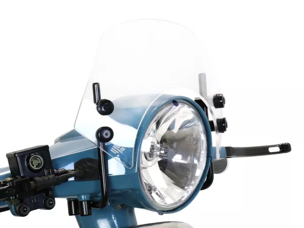 Windscherm met zwarte beugels -MOTO NOSTRA, b=300mm, h=105mm- Vespa PX80, PX125, PX150, PX200, LML 125/150 Star/Stella - kleurloos