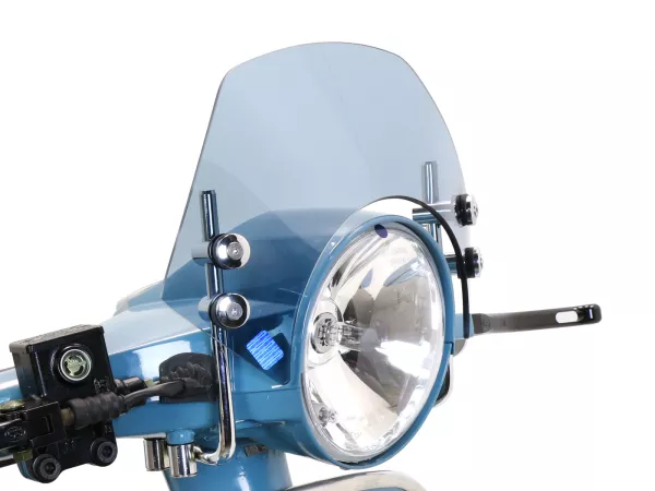 Flyscreen with chromed brackets -MOTO NOSTRA, w=300mm, h=105mm- Vespa PX80, PX125, PX150, PX200, LML 125/150 Star/Stella - smoke grey