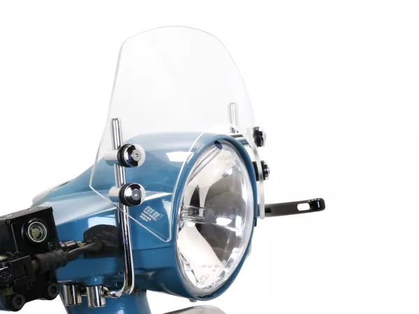 Flyscreen with chromed brackets -MOTO NOSTRA, w=300mm, h=105mm- Vespa PX80, PX125, PX150, PX200, LML 125/150 Star/Stella - colourless