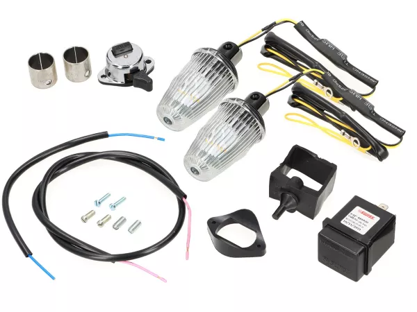 Set di retrofit per indicatori di direzione -MOTO NOSTRA, LED, con marcatura E, 12 Volt- Vespa Smallframe V50, 50N, PV, ET3, Largeframe Rally, Sprint, TS, GT, GTR, SS180 - Ø=24mm - Bianco