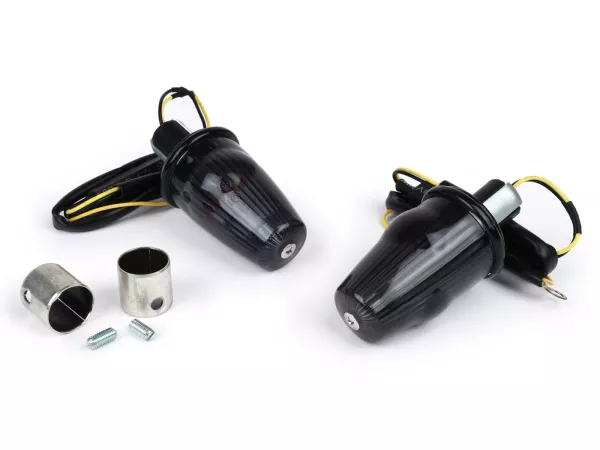 Conversion kit for handlebar indicators -MOTO NOSTRA, LED, E-marked, 12 Volt- Vespa Smallframe PK S/XL/XL2/HP, Largeframe PX, T5, LML - Ø=24mm - black