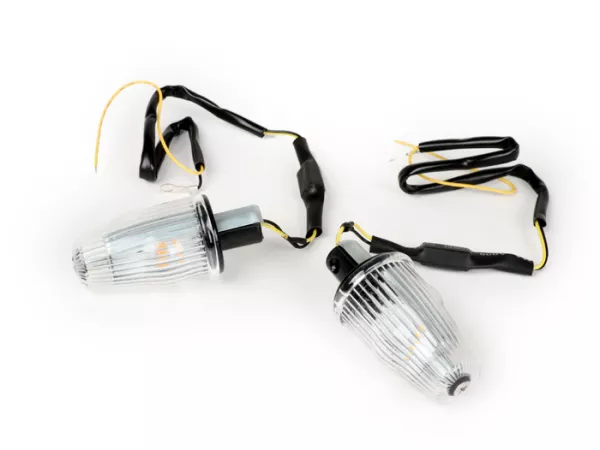 Pair of indicators -MOTO NOSTRA handlebar end indicator LED (E-mark), 12 volt- Vespa V50, 50SS, 50SR, 50 Sprinter, 90SS, 90 Racer, PV125, ET3, Sprint150, Rally180/200 - colourless