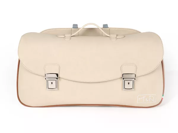 Beenschild tas, leer, buiten, beige -M&R, Made in Italy- Vespa Rally180 (VSD1T), Rally200 (VSE1T), TS125 (VNL3T), Sprint150 (VLB1T), Sprint Veloce, GT125 (VNL2T), GTR125 (VNL2T), Super, SS180 (VSC1T), GL150 (VLA1T).