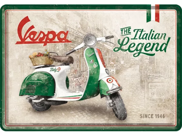Postal de estaño -Arte nostálgico- Vespa, Leyenda italiana, 10x14cm