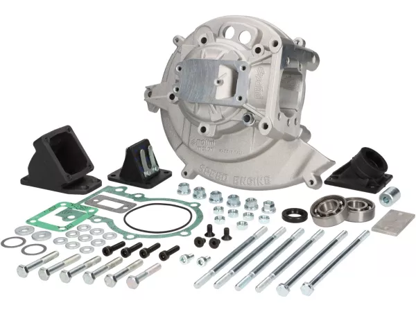 Carter -POLINI- 4P - Speedengine - elect. ontsteking - Piaggio Ciao, Boss, Boxer, SI, Grillo, Bravo, Superbravo - 4 tapbouten, zijdelingse inlaat