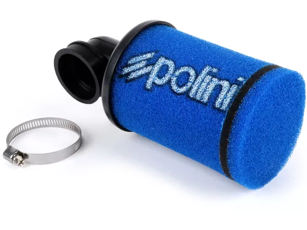Luchtfilter -POLINI Evolution 90°, L=190mm- aansluitbreedte = Ø39mm - blauw - gebruikt voor Dell'Orto PHBG19-21, PHBL24, PHBL25
