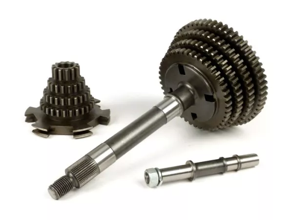Gearbox lengkap termasuk poros bantu (pohon cemara), poros utama, roda gigi 1, 2, 3, 4 -PINASCO- Vespa Wideframe 1955-1959 (V30-33, VM, VN, VL, VB1)