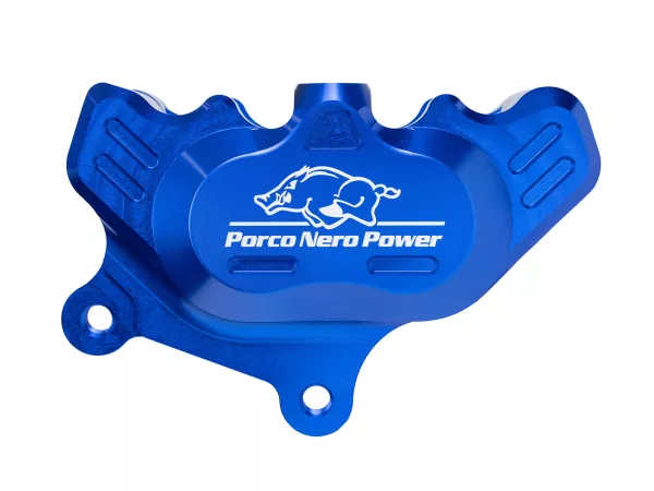 Voorremklauw (met TÜV onderdelencertificaat) -PORCO NERO POWER 2.0 CNC by Spiegler 4-zuiger, Ø=25/29mm- Vespa GT/GTS/GTV 125-300cc (met en zonder ABS) - blauw geanodiseerd