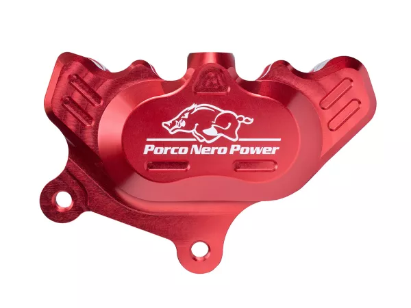 Pinza de freno delantero (con certificado de piezas TÜV) -PORCO NERO POWER 2.0 CNC by Spiegler 4 pistones, Ø=25/29mm- Vespa GT/GTS/GTV 125-300cc (con y sin ABS) - anodizado rojo