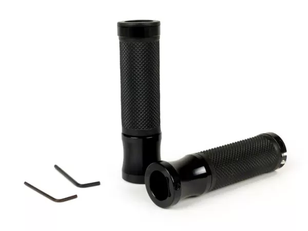 Paire poignées -MOTO NOSTRA Alu Rub, losangé- Vespa GT, GTL, GTS 125-200-250-300cc, Ø=22,5-24mm, l=128mm - noir