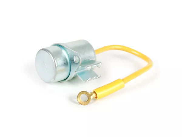 Condensateur -RMS Ø=18x27mm- Piaggio Ciao SC, Bravo, Boxer - avec œillet de fixation, 1 fil (jaune)