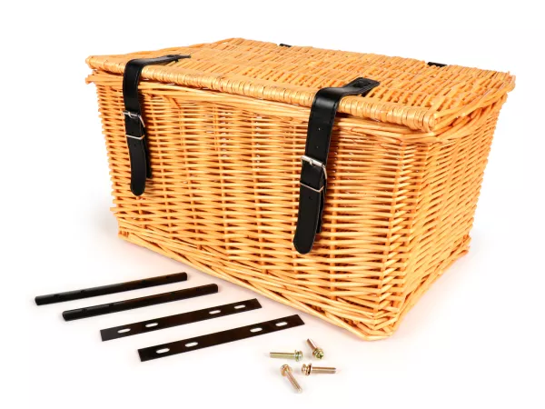 Mand - rieten mand met deksel incl. bevestigingsset -OEM KWALITEIT 47x31x25cm- fiets, scooter, step, Vespa, bromfiets - kleur: naturel