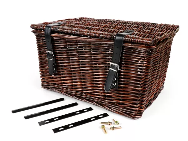 Mand - rieten mand met deksel incl. bevestigingsset -OEM KWALITEIT 47x31x25cm- fiets, scooter, step, Vespa, bromfiets - kleur: bruin