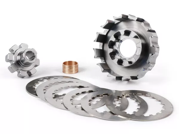 Clutch basket incl. hub and steel discs -STINGWORKS Sei Giorni GP- Vespa Wideframe 1953-1959 VM, VN, VL, VB, Motovespa 125S (V72M, V58MS, V60MS), Largeframe VNA, VBA, VNB, VGLA, VBB1T, Motovespa 125N (V56M, V58M, V60M, V101M)