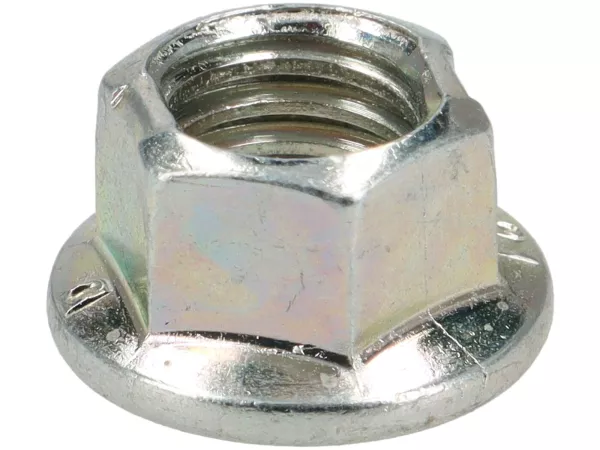 Mur dengan flens dan bagian penjepit - mirip dengan DIN 6923 - M8 (mur crimp) dengan kunci pas ukuran 10 - baja (kepala ekstra kecil, digunakan untuk knalpot manifold Vespa Smallframe)