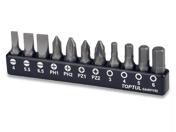 Obeng, 1/4 set bit segi enam -TOPTUL, 11 buah- Slot: 0,5x4, 1,0x5,5, 1,2x6,5 - Phillips: PH1, PH2, PZ1, PZ2 - Soket segi enam: 3, 4, 5, 6mm