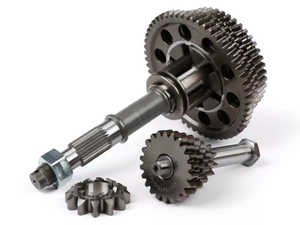 Gearbox lengkap termasuk poros bantu, poros utama, cakar pemindah, roda gigi, pinion kickstarter -VMC Racing 5 kecepatan- Vespa V50, V90, 50N, PV125, ET3, SS50, SS90, PK S, PK XL1, PK XL2, ETS - (11/56-15/53-18/50-20/47-22/46 gigi)
