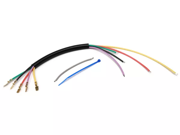 Cable de derivación placa base de encendido -VESPARATUR- Vespa PX encendido por contacto antiguo (5 cables) - para la conversión de la placa base de encendido 2x cable amarillo a los colores alemanes (rojo, morado, negro, amarillo, verde)