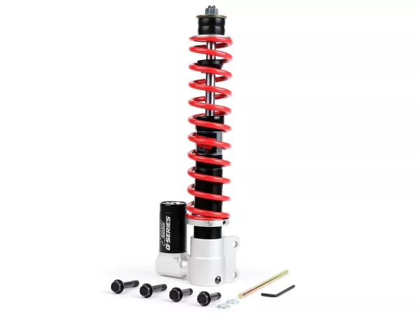 Shock absorber front -YSS Gasdruck mit externen Ausgleichbehälter, 255mm- Vespa PX80, PX125, PX150, PX200, T5 125cc, LML Star